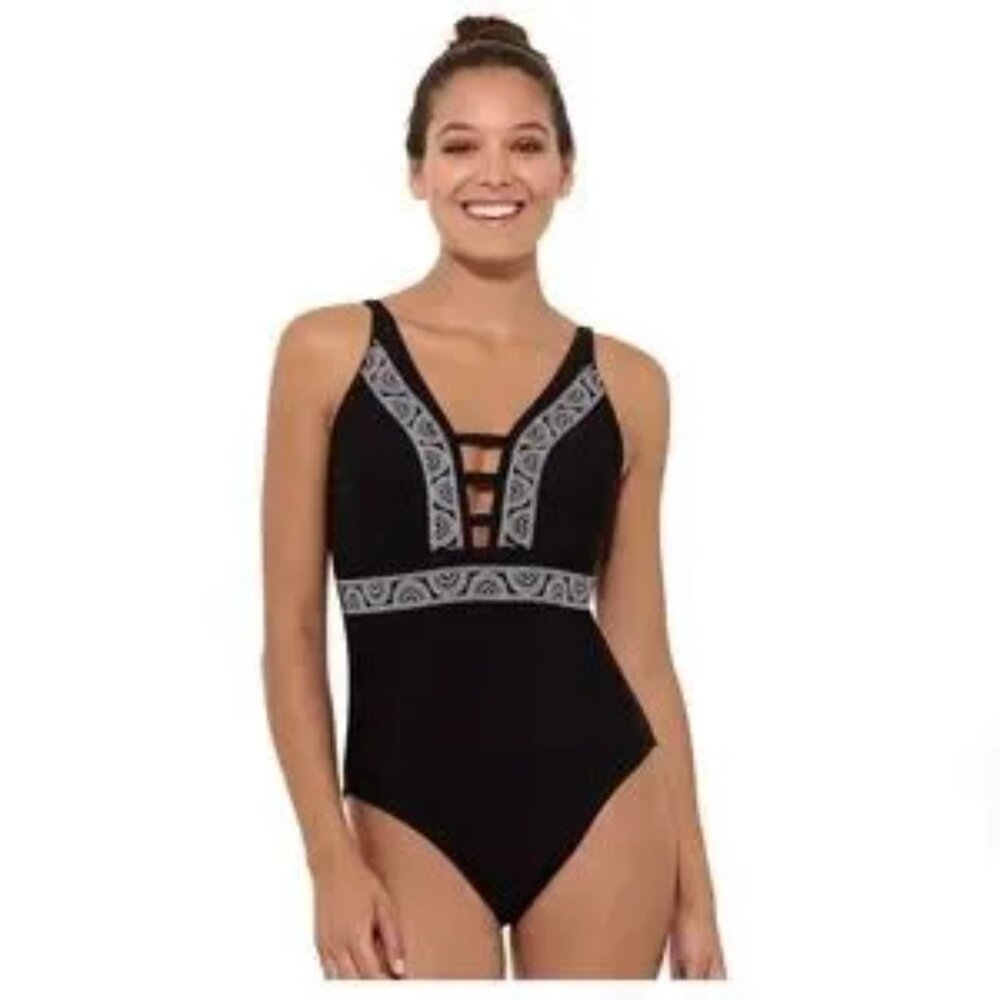 Freshwater Triple Tab One-Piece Swimsuit Black & white - NWT!